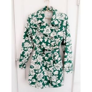 Merona Green Floral Print Trench Coat, Sz. Medium